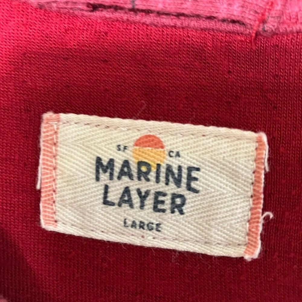 Marine Layer Double Knit Henley‎ Shirt Large Mens Red Long Sleeve Syrah Striped